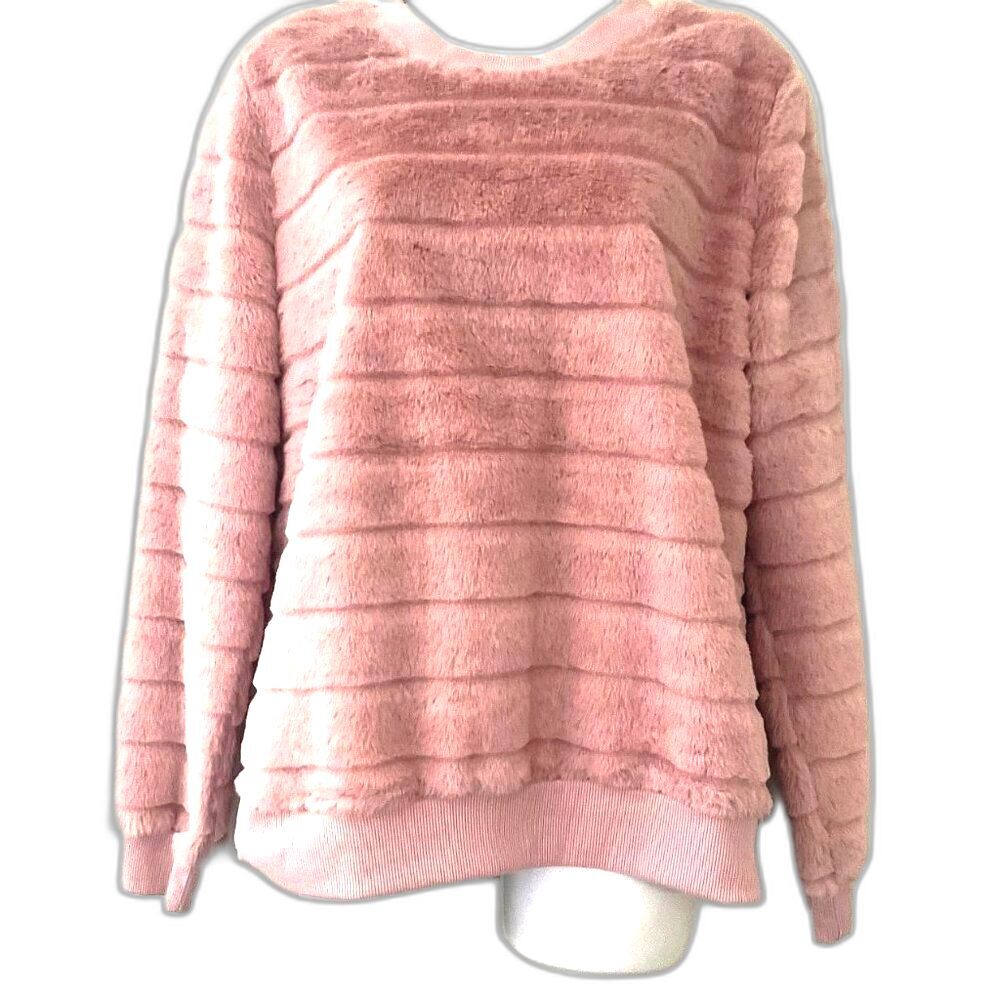 TRIXIE + LULU Blush Pink Faux Fur Ribbed Sweater Top Cozy Plush Large - Picture 1 of 8